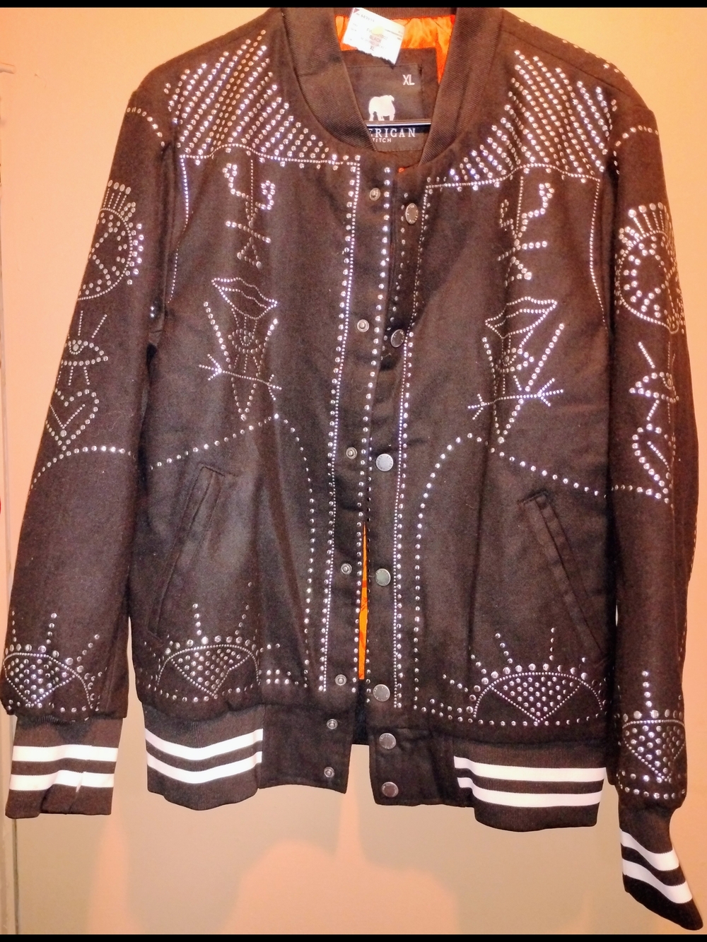NEW! Women’s Black Embellished Stud Bomber Jacket With Orange Quilted Lining. 🧡